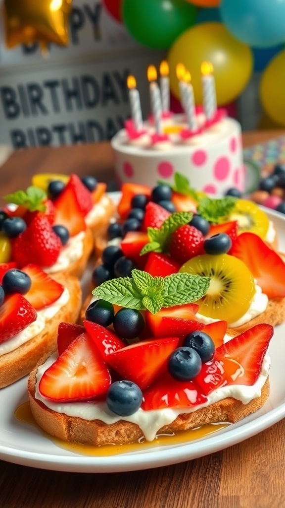 Birthday Celebration Toast Recipe A festive platter of birthday toasts with cream cheese and fresh fruits, set against a cheerful birthday backdrop.